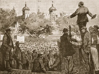 John Burns spricht zu einer Versammlung von Hafenarbeitern am Tower Hill, 1889, Illustration aus Cassells Illustrierter Geschichte Englands