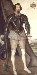 John Nedham in Rüstung mit einer Axt