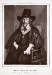König Charles der Erste, wie er vor dem hohen Gerichtshof saß, zugeschrieben P. Sudre, graviert von de Langlume