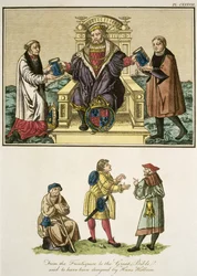 König Heinrich VIII. (1491-1547) vom Frontispiz der Großen Bibel, angeblich entworfen von Hans Holbein (14978-1543), Illustration aus The Complete View of the Dress and Habits of the People of England