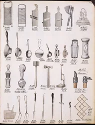 Küchenutensilien, aus einem Handelskatalog für Haushaltswaren und Ausstattung, ca. 1890-1910