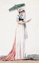 Elegantes Sommerkleid für Damen mit Sonnenschirm, von Delacourt, 1770 (Farbstich)