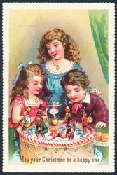 Dame und Kinder bewundern Weihnachtskuchen, Weihnachtskarte