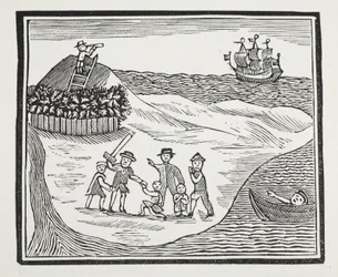 Landung der meuternden Besatzung auf der Insel, Illustration aus Chap-books des achtzehnten Jahrhunderts von John Ashton, veröffentlicht 1882