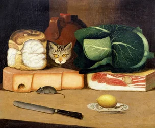 Speisekammer-Stillleben mit einer Katze, die eine Maus jagt, ca. 1840