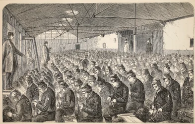 Großer Oakum-Raum (unter dem Silent System) im Middlesex House of Correction, Coldbath Fields, Illustration aus The Criminal Prisons of London and Scenes from Prison Life von Henry Mayhew und John Binny