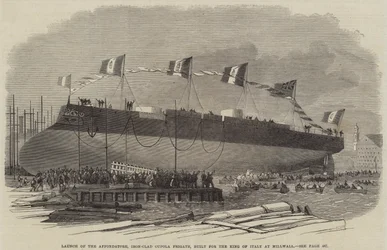Start der Affondatore, Eisenpanzer-Kuppelfregatte, gebaut für den König von Italien in Millwall, 1865