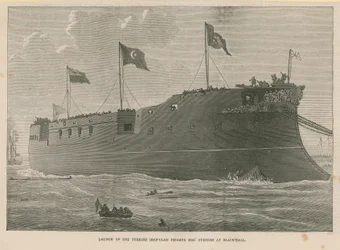 Stapellauf der türkischen Panzerschiff-Fregatte Mes Oudiyeh in Blackwall