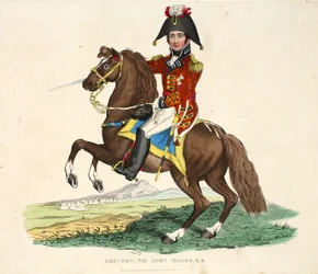 Generalleutnant Sir John Moore KB, veröffentlicht von Richard Evans, gestochen von Romney, Illustration aus „Ein historischer Bericht über die Schlacht bei Waterloo“ von William Mudford, 1816
