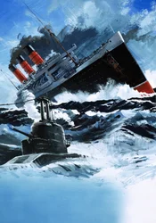 Linienschiff wird von einem U-Boot versenkt