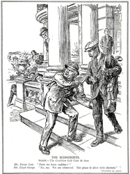 Lloyd George und Bonar Law im Koalitions-Golfclub, aus Angst vor der Anti-Waste-Liga müssen sie auf den Luxus von Caddies verzichten, Dezember 1920