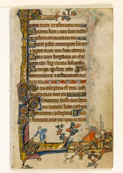 MS 1-2005, fol. 174r: David und Goliath, Randdekoration aus dem Macclesfield Psalter, Use of Sarum, Ostanglien, um 1330