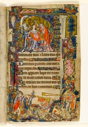 MS 1-2005, fol. 39r: Die Salbung Davids und Trompeter, historiierte Initiale aus dem Macclesfield Psalter, Use of Sarum, Ostanglien, um 1330