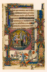 MS 1-2005, fol. 58r: Saul schickt Doeg, um die Priester von Nob zu töten, historiierte Initiale aus dem Macclesfield Psalter, Use of Sarum, Ostanglien, um 1330