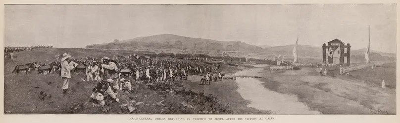 Generalmajor Oshima kehrt nach seinem Sieg bei Gazan triumphierend nach Seoul zurück