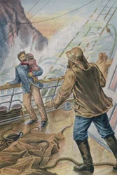 Mann trägt ein Kind und hält sich am Geländer eines Schiffes im Sturm fest (Farblithografie)