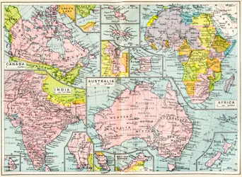 Karte der britischen Besitzungen 1914 bei Ausbruch des Ersten Weltkriegs, aus The British Empire Universities Modern English Illustrated Dictionary, veröffentlicht 1914