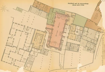 Karte der Guildhall, London, und Umgebung um 1750