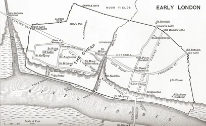 Karte von London im 11. Jahrhundert, aus „A Short History of the English People“ von J. R. Green, veröffentlicht 1893