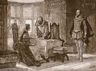Maria unterzeichnet die Abdankungsurkunde in Schloss Lochleven, Illustration aus Cassells Illustrierter Geschichte Englands