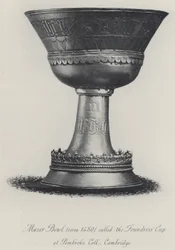 Mazer-Schale (um 1480) genannt der Stifterbecher im Pembroke College Cambridge (Gravur)