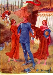 Mittelalterlicher Ritter, Morgenstern wird für die Schlacht vorbereitet. Farbige Illustration aus der Geschichte von Gareth und Lynette aus dem Buch The Gateway to Tennyson, veröffentlicht 1910.
