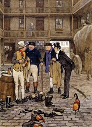 Mitglieder des Pickwick-Clubs treffen Sam Willer. Illustration der Werke von Charles Dickens (1812-1870) aus der englischen Schule. 1837 Private Sammlung