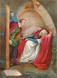 Mortimer in einem Stuhl. Gefängniswärter und Richard Plantagenet