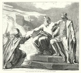 Mose übergibt das Gesetz in die Hände der Priester (Gravur)