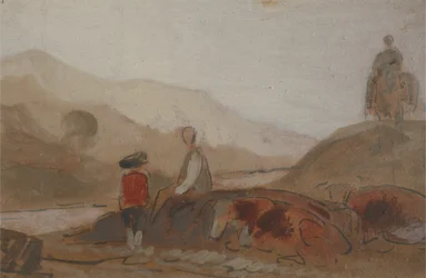 Gebirgige Landschaft mit Figur am See (Ein Mann sitzt am See inmitten von Bergen), zuvor J.M.W. Turner (1775-1851) und auch Peter de Wint (1784-1849) zugeschrieben, 1825-30
