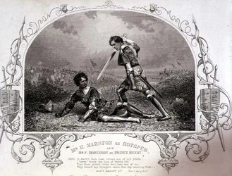 Mr. H. Marston als Hotspur und Mr. F. Robinson als Prinz Heinrich, Akt V Szene 4 aus Henry IV (Teil I) von einem Daguerreotyp von Paine aus Islington, veröffentlicht von John Tallis & Co. (Litho)