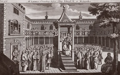 Mr. Latimer predigt vor König Edward VI. in Westminster, Illustration aus Foxes Märtyrer, ca. 1703