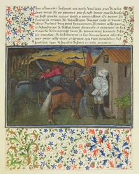 Ms. 2597 Herz, Verlangen und Großzügigkeit, spät am Abend, vor der Einsiedlerzelle, Faksimile-Ausgabe von Livre du Coeur d