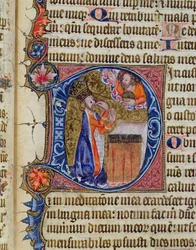 Psalm 38, David zeigt auf seinen Mund, aus dem Ramsey Abbey Psalter, ca. 1380