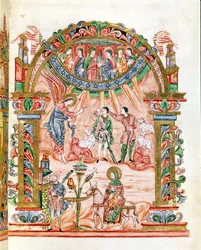 Ms 274 (Y-6) fol.33 Die Verkündigung an die Hirten und die Flucht nach Ägypten, aus dem Messbuch von Robert von Jumieges, ca. 1016