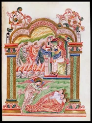 Ms 274 (Y-6) fol.37 Der Traum und die Anbetung der Weisen, aus dem Messbuch von Robert von Jumieges, ca. 1016