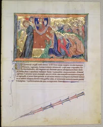 Ms L.A. 139-Lisboa fol.28 Der 7. Engel bläst seine Trompete und die 24 Ältesten beten Gott an, aus der Gulbenkian-Apokalypse, ca. 1265-70
