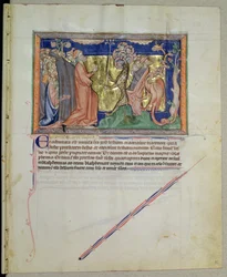 Ms L.A. 139-Lisboa fol.35 Die Menschen beten das Tier und den Drachen an, aus der Gulbenkian-Apokalypse, ca. 1265-70