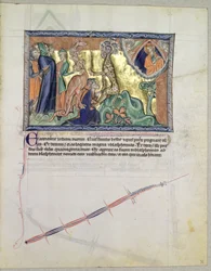 Ms L.A. 139-Lisboa fol.36 Der Herr beobachtet, wie die Menschen das Tier des Meeres in Anwesenheit des roten Drachen anbeten, aus der Gulbenkian-Apokalypse, ca. 1265-70