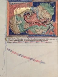 Ms L.A. 139-Lisboa fol.71 Die Kiefer der Hölle verschlingen den roten Drachen, das Tier des Meeres und das Tier der Erde, aus der Gulbenkian-Apokalypse, ca. 1265-70