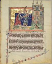 Ms L.A. 139-Lisboa fol.74 Ein Engel zeigt St. Johannes den Evangelisten das neue Jerusalem, aus der Gulbenkian-Apokalypse, ca. 1265-70