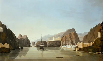 Muscat vom Hafen aus mit einer britischen Fregatte vor Anker, aus Sixteen Views of Places in the Persian Gulf von Leutnant R. Temple, veröffentlicht 1813 (Aquatinta)