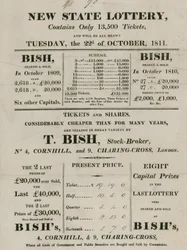 Neue Staatslotterie, betrieben von T. Bish, Börsenmakler, 4 Cornhill und 9 Charing Cross, London