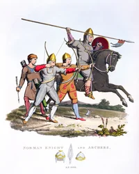 Normannischer Ritter und Bogenschützen, 1066, aus Ancient Armour von Samuel Rush Meyrick, 1824