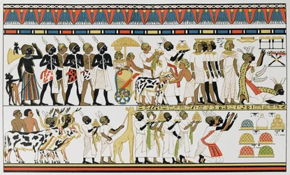 Nubische Häuptlinge bringen Geschenke zum König von Ägypten, Kopie eines altägyptischen Wandgemäldes aus einem Grab in Theben, ca. 1380 v. Chr., aus Die Geschichte der Menschheit, Bd.III, von Prof. Friedrich Ratzel, 1898