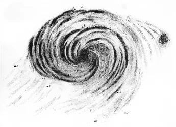 Beobachtung der Whirlpool-Galaxie in Canes Venatici, aus Beobachtungen von Nebeln, von Lord Rosse, veröffentlicht in London, 1850