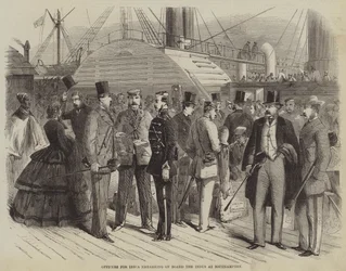 Offiziere für Indien, die an Bord der Indus in Southampton einschiffen (Stich)