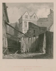 Alte Häuser mit dem offenen Teil des Fleet Ditch in der Nähe von Field Lane