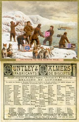 Auf dem Weg zum Nordpol, Vorder- und Rückseite einer Werbekarte für Huntley & Palmers Biscuits, produziert für den französischen Markt, 1890