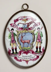 Ovales Medaillon für die Society of Bucks, zeigt zwei Förster, die ein mit einem Hirsch bemaltes Schild stützen